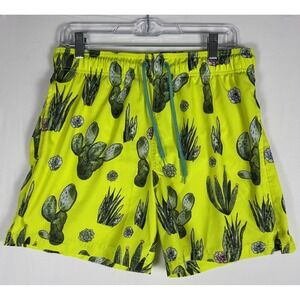 Jake Austin Swim Trunks Mens M Neon Yellow Cactus Print Mesh Lined Drawstring